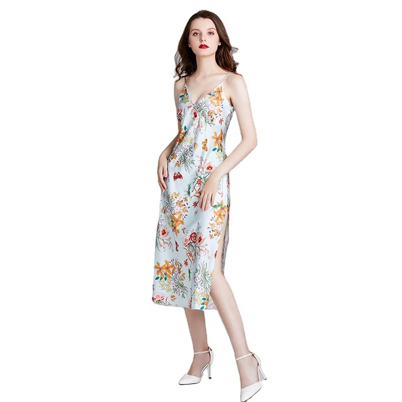 

High-quality Stylish Fashion Floral Print Long V-neck Split Elegant Sexy Lady Suspender Nightdress, Camel