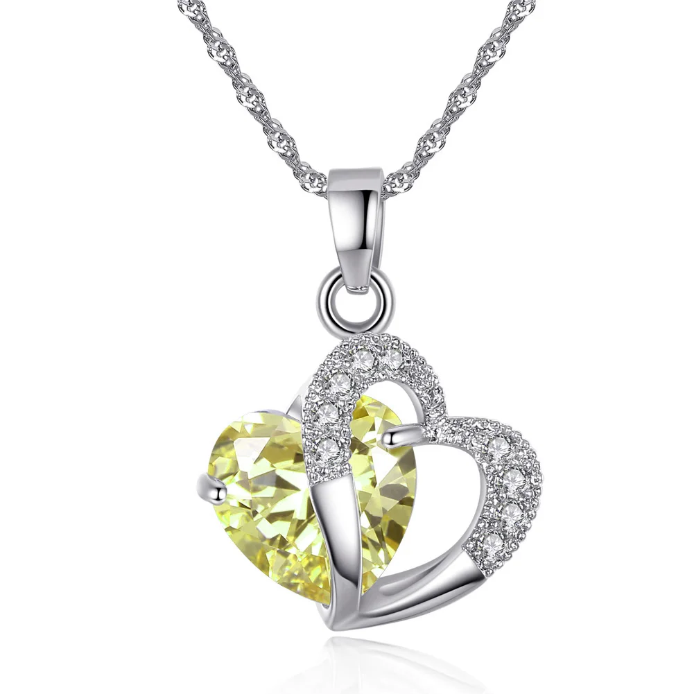 

Elegant Wedding Jewelry 18K White Gold Plated Yellow Crystal Love Heart Pendant Necklace For Valentines Day Gift