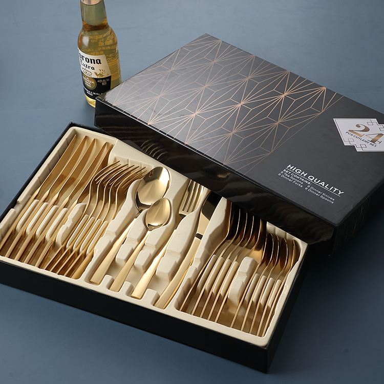 

24 piece cutlery gold knife spoon set wedding royal stainless steel flatware sets, Gold cutlery set