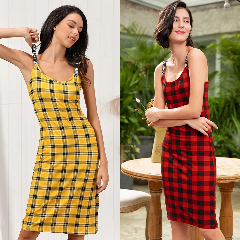 

Yellow plaid waffle vietnam teenager pajama set high end delicate nightgowns sleep dress caluby pyjamas sleepwear for women, Yellow, red