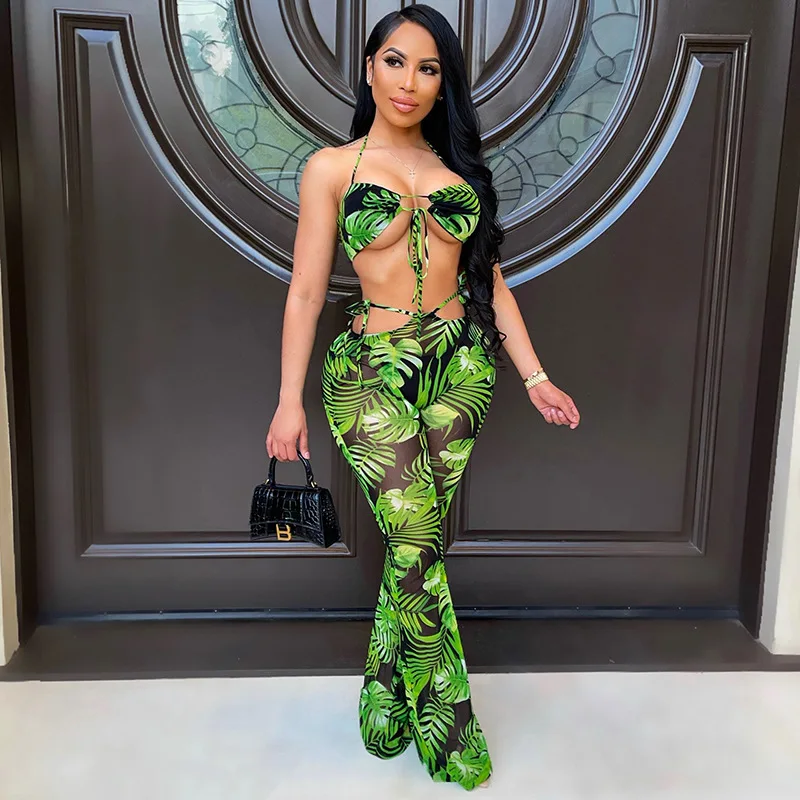 

Summer/spring 2022 new arrival clothing women suspenders mesh printed pants outfits sexy two piece set for Valentine's Day, Different color