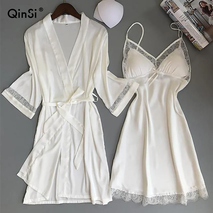 

QINSI Silk Satin Bridesmaid Kimono Bathrobe With Belt 2 Pieces Pajamas Set Wedding Night Dress 2 Pieces Pajamas Set