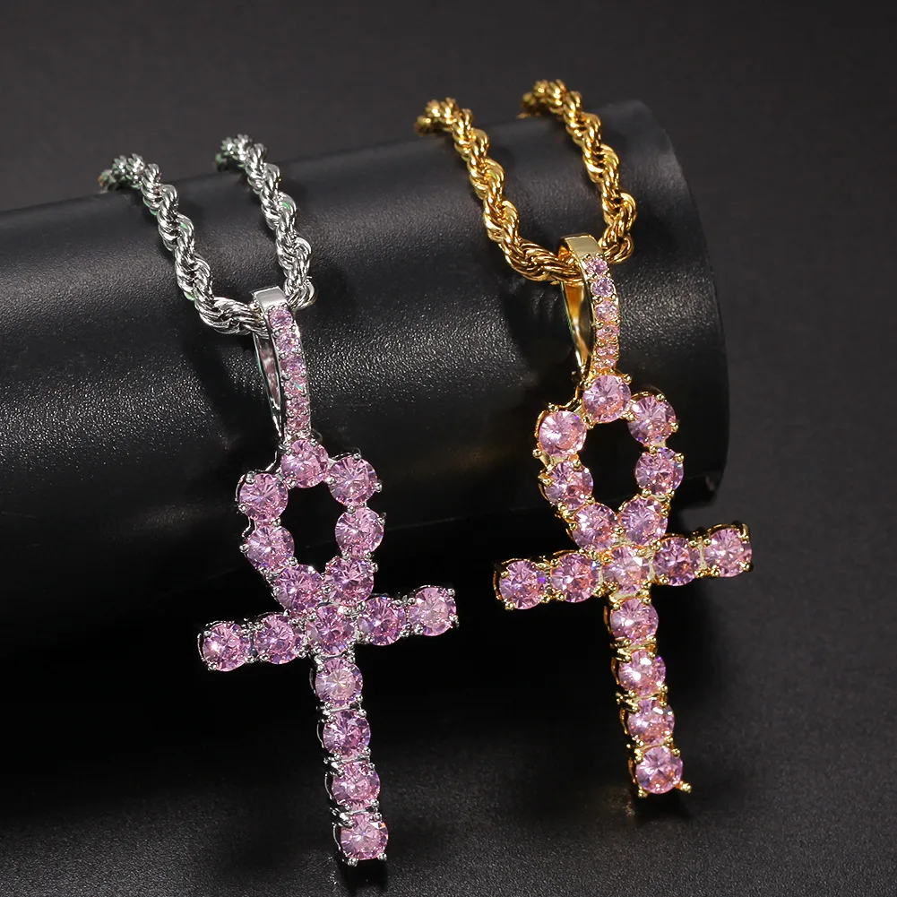 

New Fashion Classic Micro Pave Pink Zircon Anka Egypt Necklace Hip Hops Stainless Steel Diamond Ankh Cross Pendant Necklace