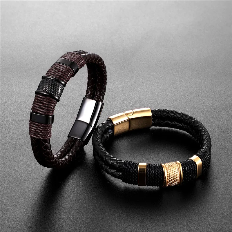 

Lateefah OEM Stainless steel Braided Leather Magnetic Closure Bracelet Men's Bracelets Steel and Leather