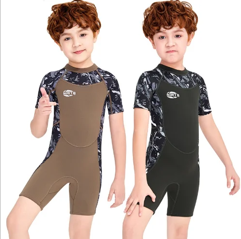 

Kids Boys One Piece Short Sleeve Swimsuit Sun Protection Rash Guard Wetsuit With Zip On The Back, Brown/cyan