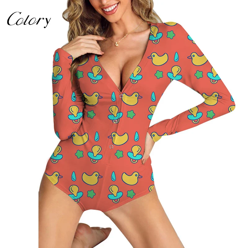 

Colory Button Nightwear Deep V-neck Long Sleeve V Neck Jumpsuit, Picture shows