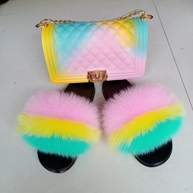 

Top Selling sandals and bag set wholesale New Arrivals Colorful Handbag Jelly Bag and fur slides 2021 Ladies purse and shoe sets, Customized color