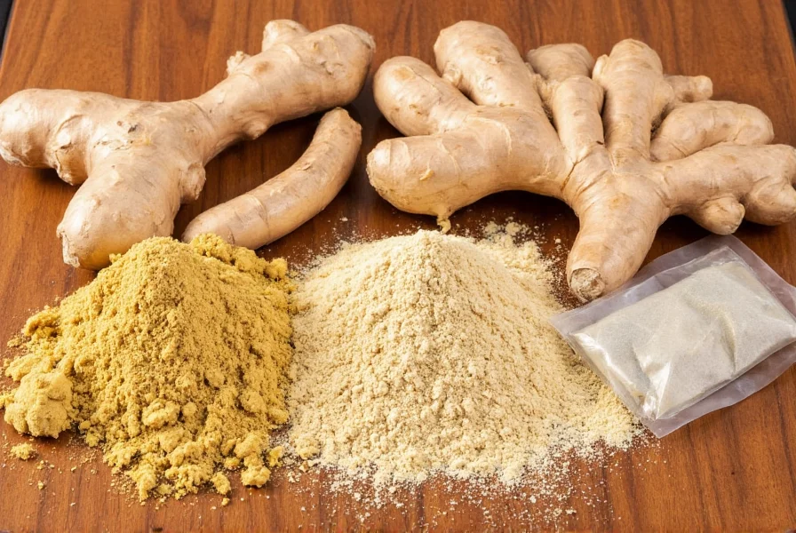 Various forms of ginger including fresh root, dried powder, and tea bags arranged on wooden surface