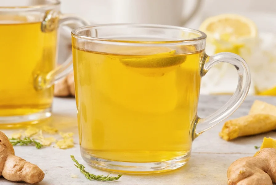 Fresh ginger slices and lemon wedges in clear glass teapot with steam rising