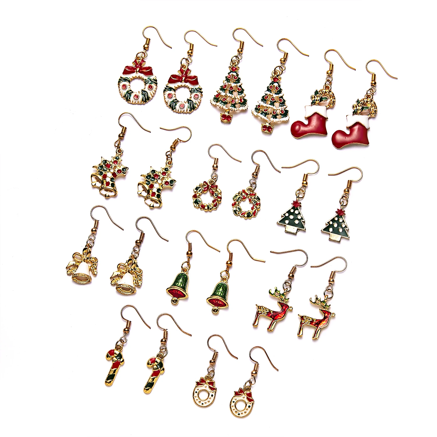 

Alloy Christmas Tree Wreath Socks Printing Pendant Drop Earrings For Women Ear Hook 2021 New Christmas Jewelry Gift, Picture shows