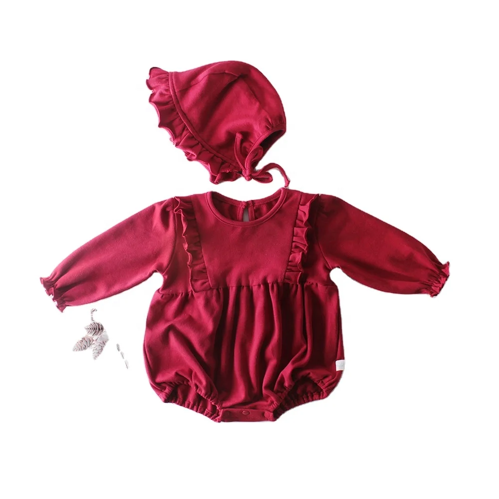 

2020 baby girl clothes baby best wine red and black fungus long-sleeved cotton triangle ha ha skirts to climb romper