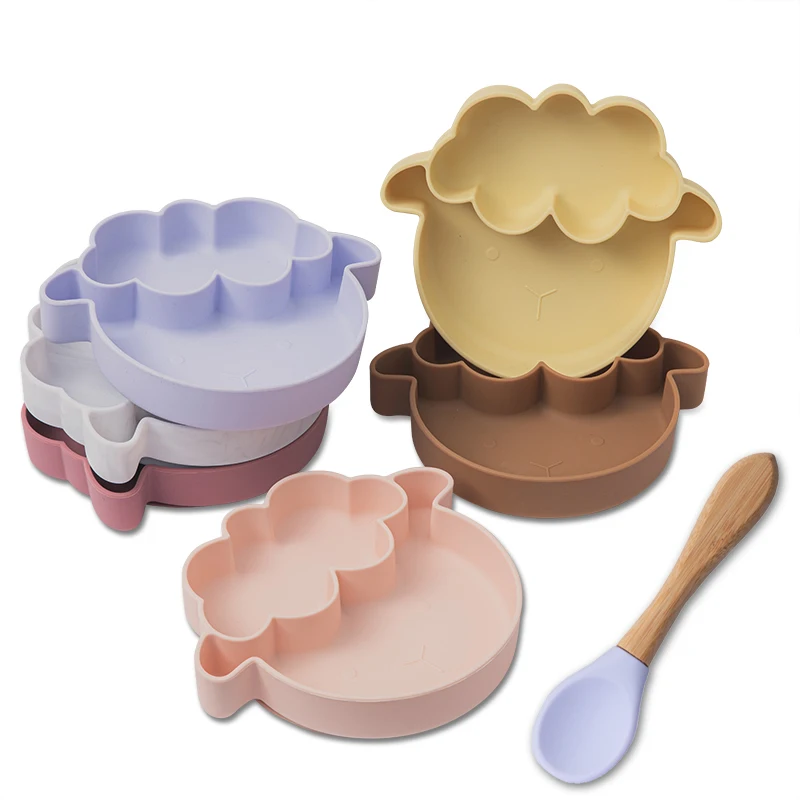 

New style Bpa Free 100% Food Grade Sheep dinner plate spoon two piece set baby feeding silicone bowl sets, Five colors to choose from