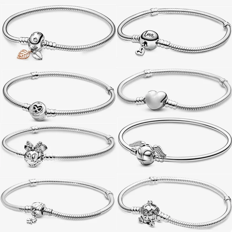 

2021 NEW 100% 925 Sterling Silver Moments Family Heart Clasp Snake Daisy Chain Bracelet Fit Women Original Fashion Jewelry Gift, 925 silver