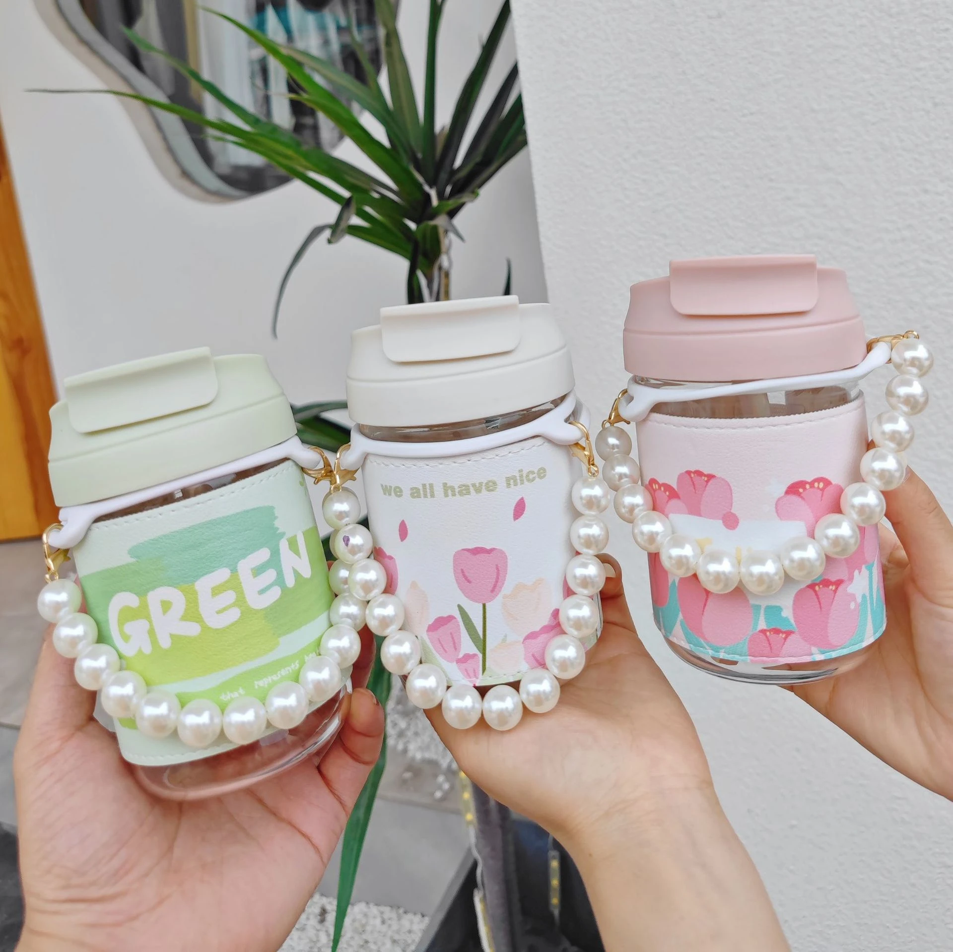 

M69 Children 400ml Drinking Tumbler Mug Student Water Bottle Glass Portable Outdoor Travel Pearl Chain Glass Cup With PU sleeve