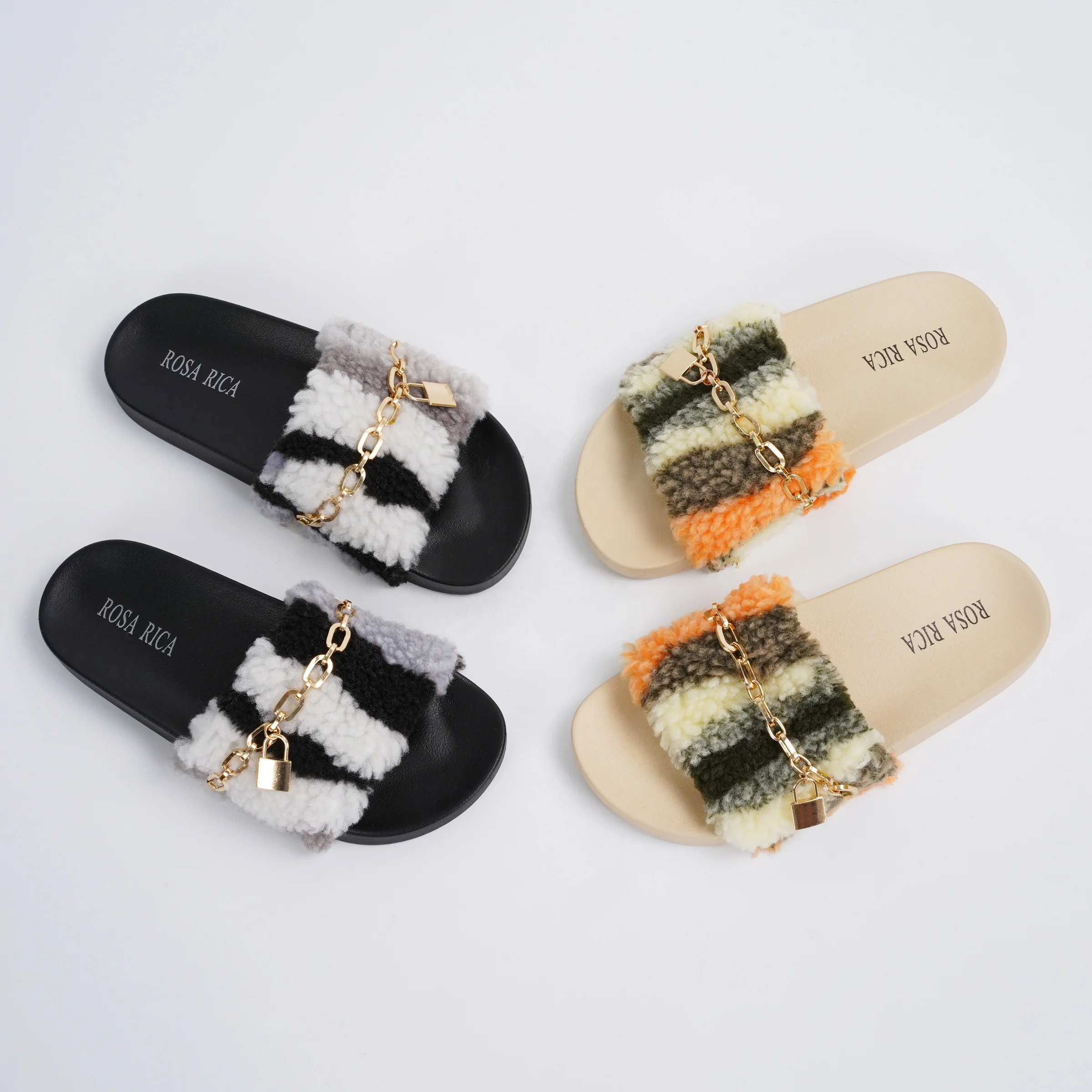 

ROSA RICA Splicing Lamb Wool Faux Fur Women's Flat Slides with Metal Chain Padlock Decoration Terry Warm Slippers, Black, beige