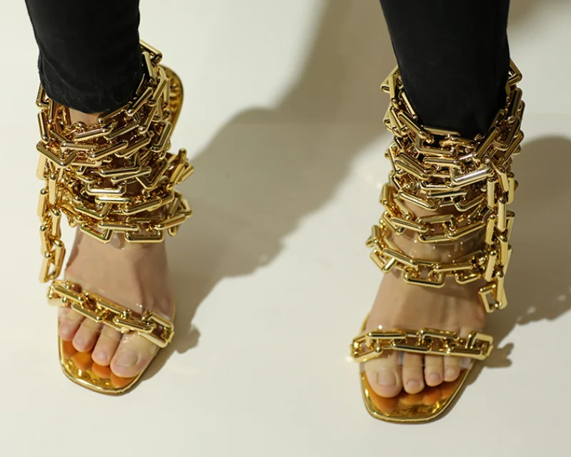 

Chain Sandals Summer Hot Sale Ladies High Heel Sandals 2021 New Design Ladies Sexy Luxury Metal Chain Women's Shoes, Gold