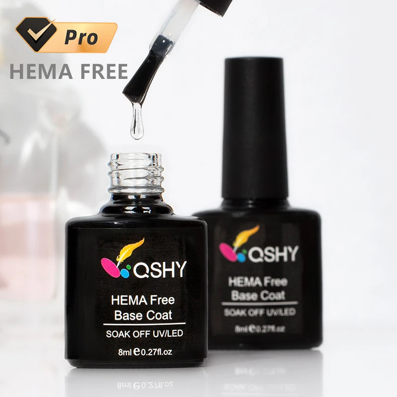 

QSHY HEMA FREE Custom Logo Private Label Wholesale UV LED Nail Art Soak Off Rubber Organic Resin Base Coat Gel Polish