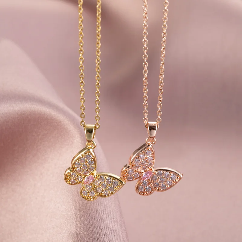 

Luxury Minimalist Jewelry Butterfly Pendant Necklace Titanium Steel Chain Shining Cubic Zircon Butterfly Clavicle Necklace