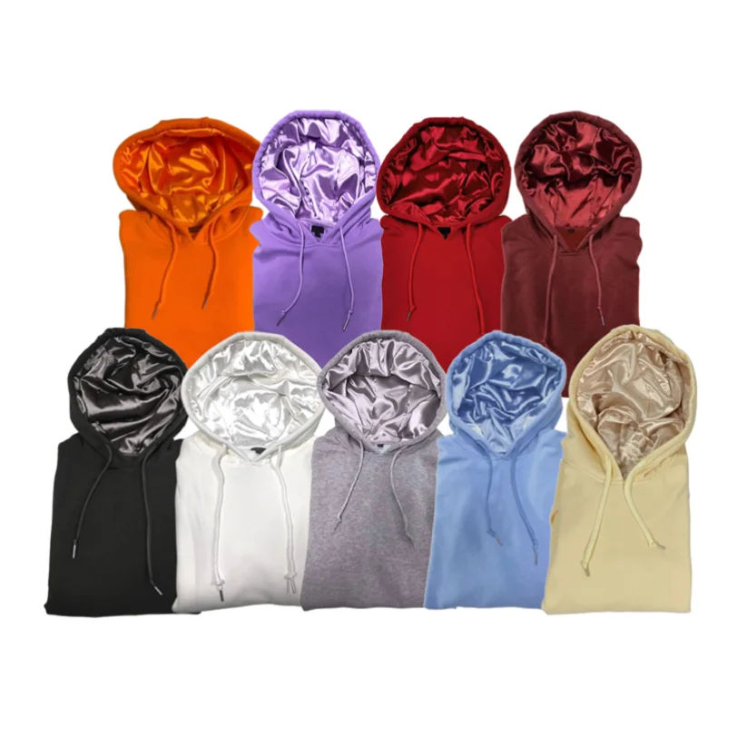 

Custom Unisex Luxury 100% Cotton Black Split Zipper Silk Lined Hood Satin Sweatshirts Hoodie With Silk Inside Satin Hood Lining, Customized color