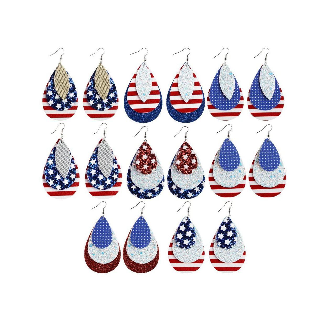 

personalized independence day glitter 3 layers American Stripes star teardrop flag print PU leather earrings, Color