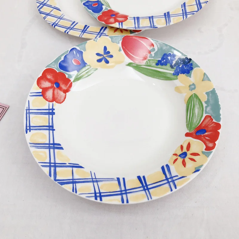 

Korean retro hand-painted ceramic dinner plate oil painting plaid soup dinner plate home western plates