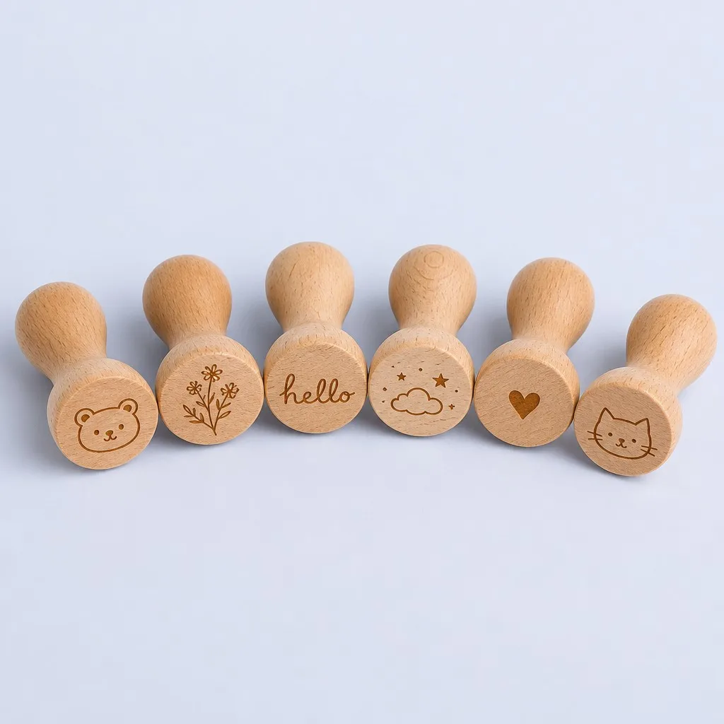 A collection of handcrafted journaling rubber stamps arranged in a soft arc