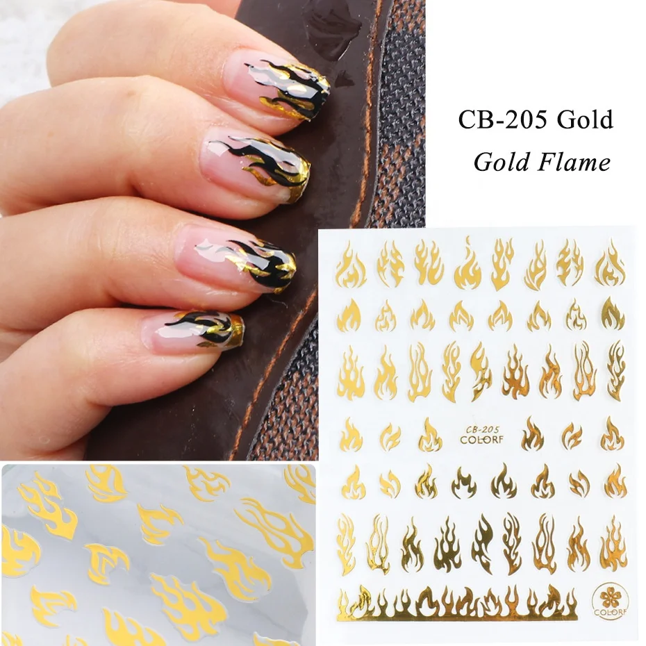 

2021 Hot Sale Black White Gold Silver Flame Nails Accessories 3D Adhesive Stickers Luxury Nail Art Stickers
