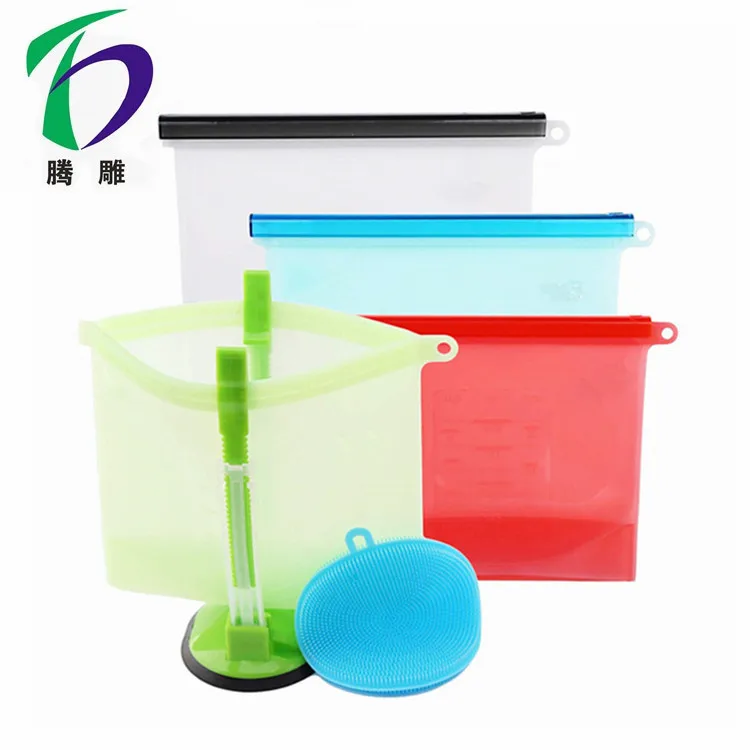 Silicone Kitchen Food Fresh Bag Fridge Storage Bag with baggy Rack Holder