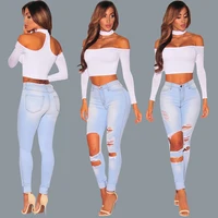 

American amazon high elastic woman jeans wish light color hole trend trousers spot