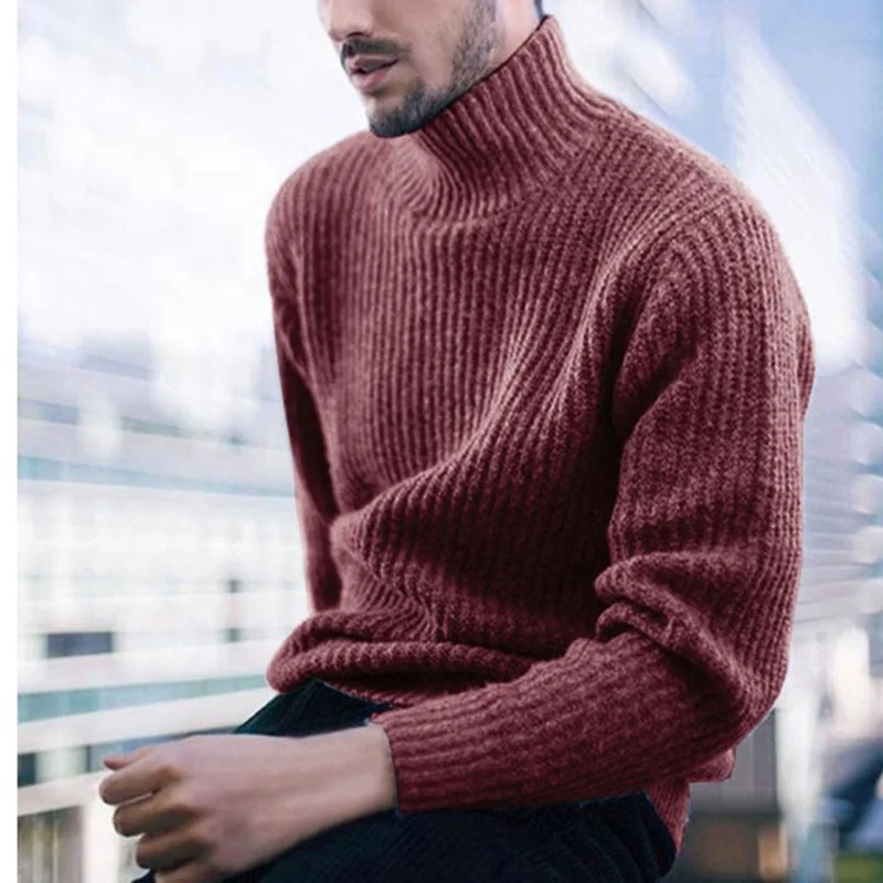 

2020 Fashion New Knitwear Plus Size High Collar Sweaters Striped Knitted Tops Turtleneck Solid Color Soft Men's Sweater Pullover, Grey blue, red,black
