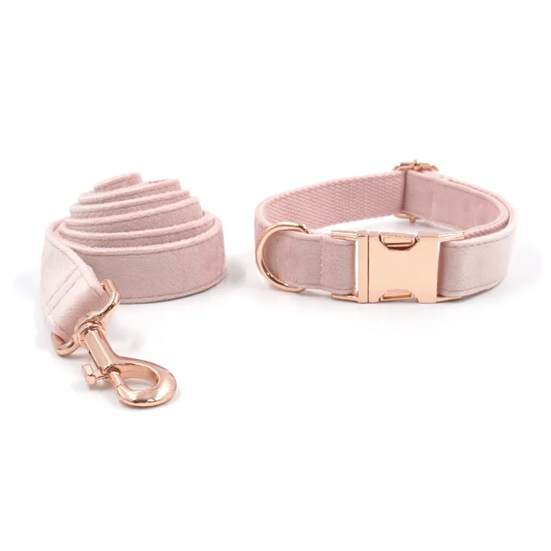 

Rose gold hardware pink velvet dog collar luxury durable cozy soft webbing metal dog collar custom color dog lead manufacturer