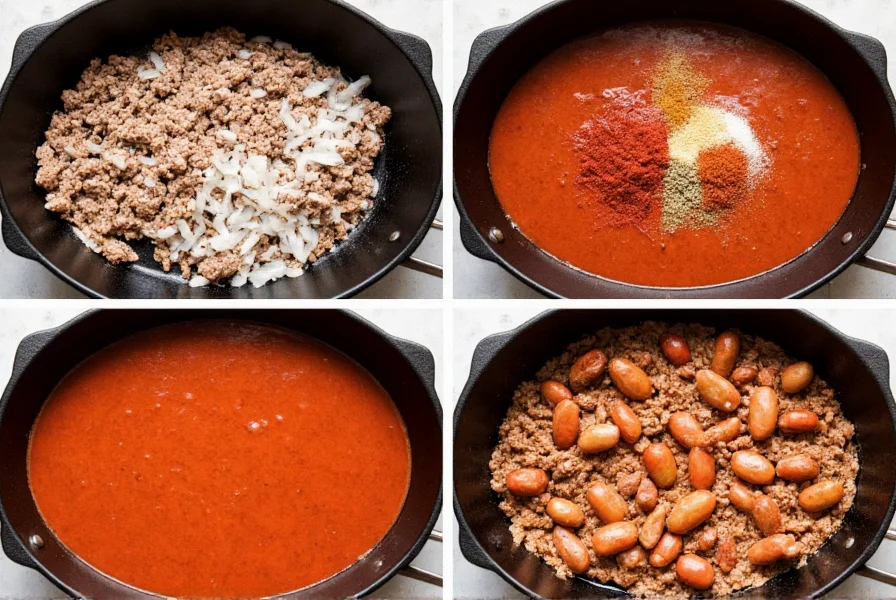 Step-by-step preparation of homemade chili sauce simmering in a cast iron pot with ground beef, onions, and spices for hot dogs