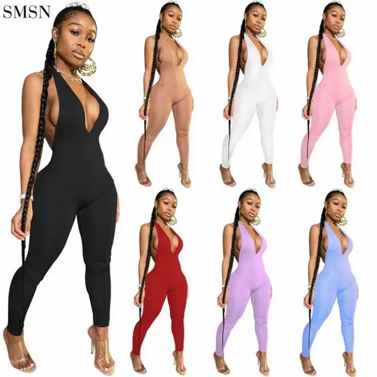 

Newest Design Fashion Sexy Halter Deep V Halter Solid Color Jumpsuit 1 Piece Jumpsuit Women