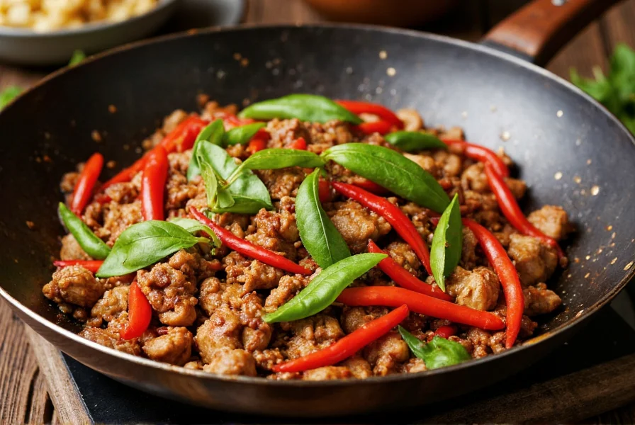 Stir-fry pan with sizzling Thai basil pork showing vibrant red bird's eye chilies and fresh basil leaves