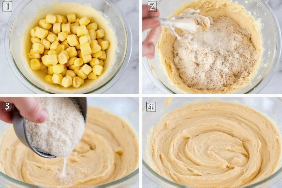 Step-by-step photos of making cinnamon frosting showing creaming butter, adding powdered sugar, and final smooth texture