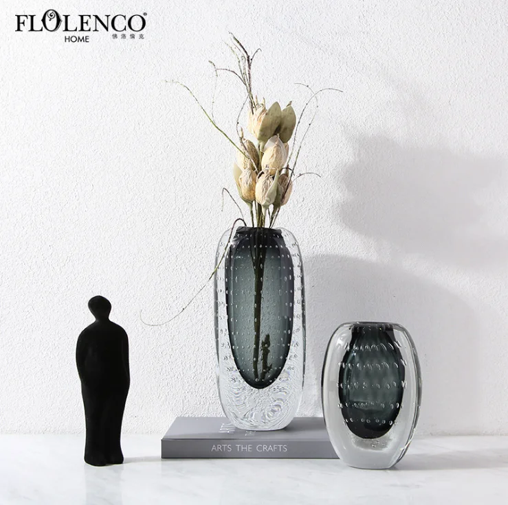 

China Grey Color Heavy Unbreakable Bubble Glass Vase For Home Decor Modern, Grey, amber