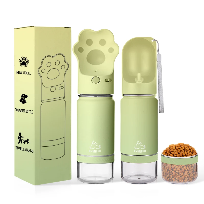 

New Cute Dog Paw Pattern Multi-Function Pet Bottle for Outdoors with Detachable Feeders and Pet Bowls