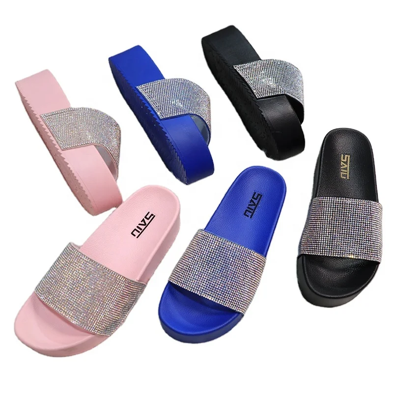 

2021 New fashion rhinestone platform women's flat beach sandals for ladies slipper comfortable shoes