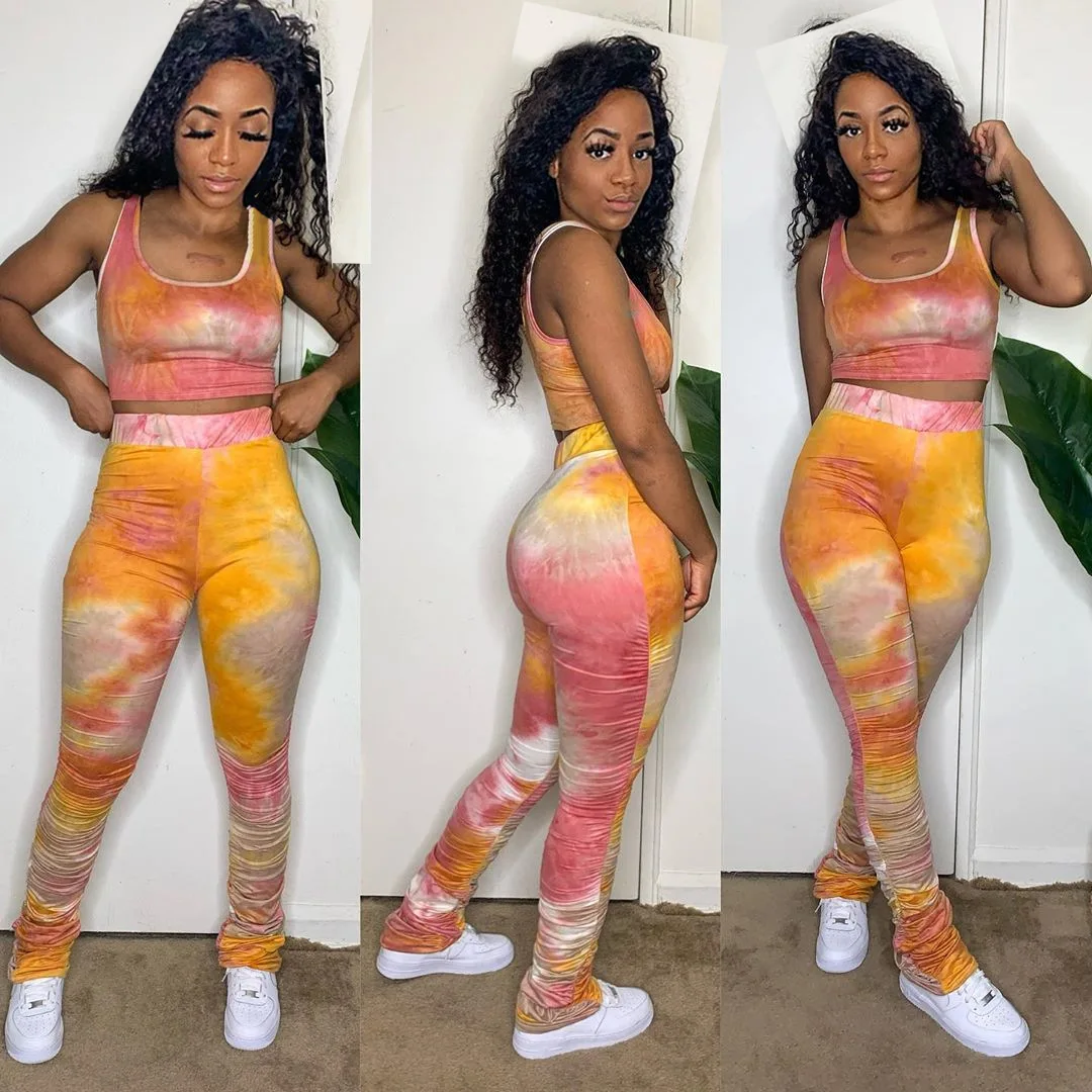 

2021 New Arrivals Ladies Crop Tank Top Two Piece Set Women Tie-dye Two Piece Pants Set Summer Two Piece Outfits For Women