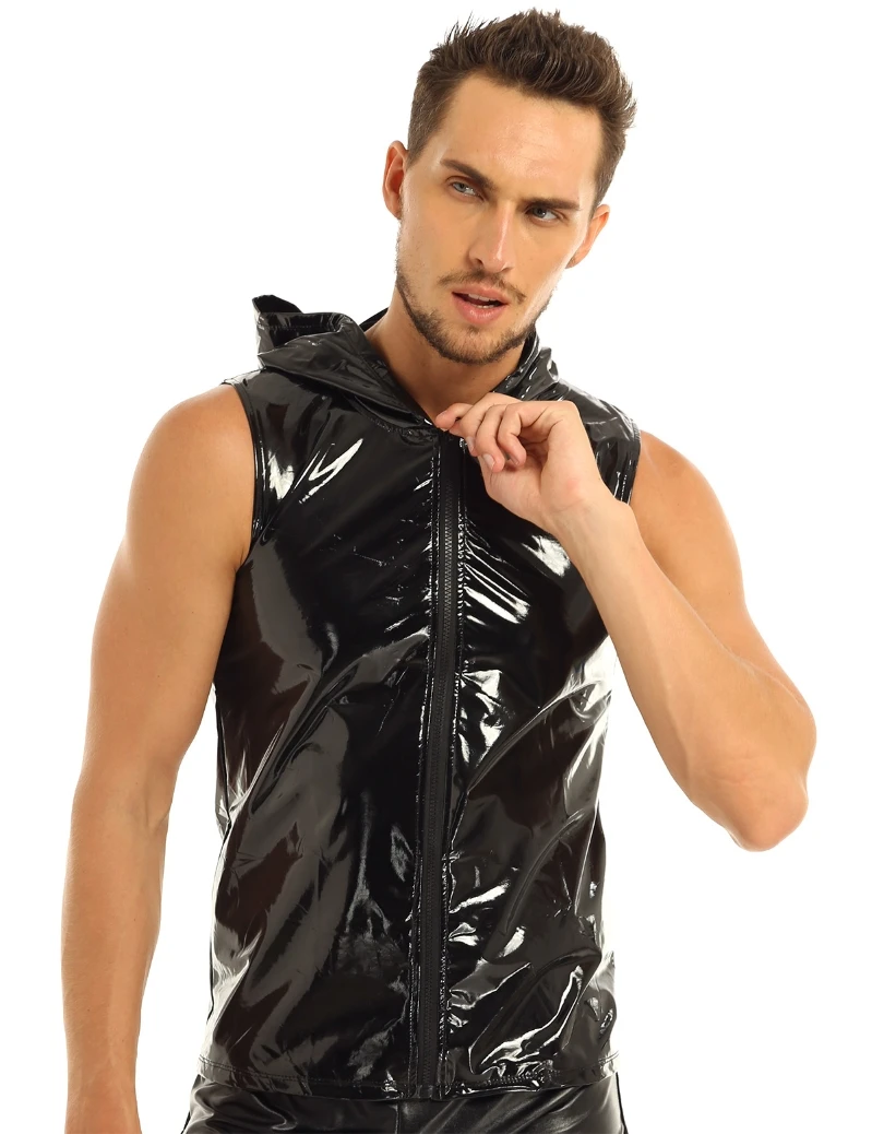 

iEFiEL Men Patent Leather Hoodie Tank Top Sleeveless Slim Fit Latex Black Hip Hop T-Shirt with Zipper Clubwear