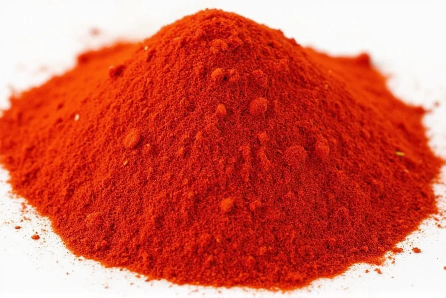 Close-up of cayenne pepper powder showing its fine texture and rich red color
