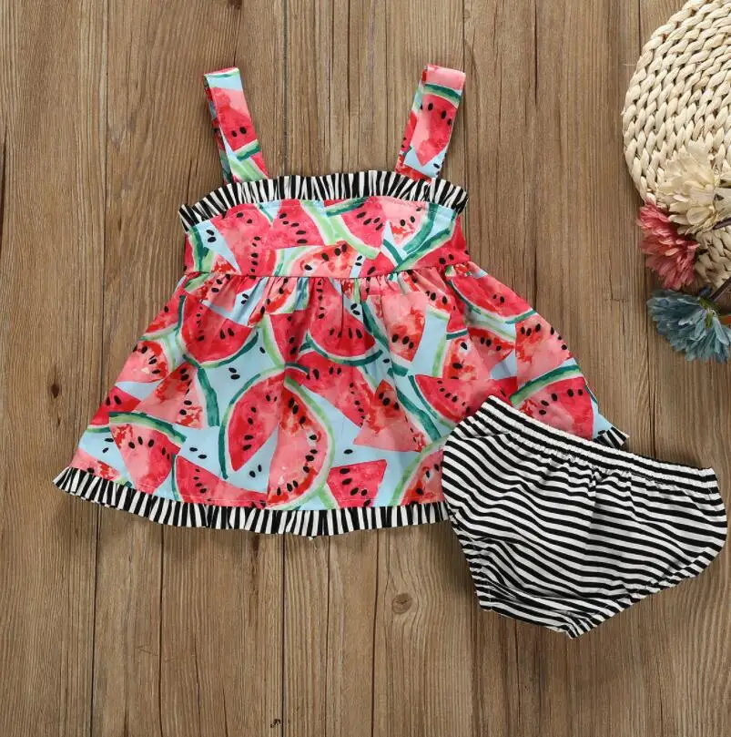 

Summer baby sleeveless watermelon outfit back bow kids cotton stripe boutique clothing sets Bulk wholesale toddler bloomer