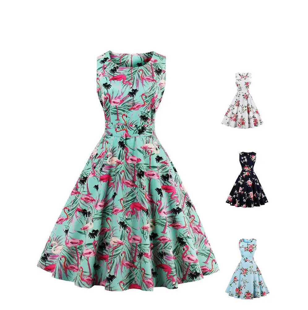 

2020 Women Dresses Sleeveless Floral 95%Cotton Knee Length Vintage Women Printing Dress