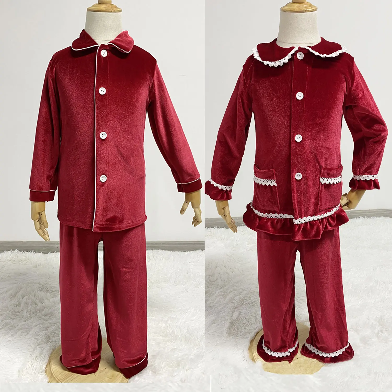 

NO MOQ RTS stock Best selling winter Christmas velvet kids sleepwear with lace girls pyjamas set, Pink,red,mauve,white,and so on