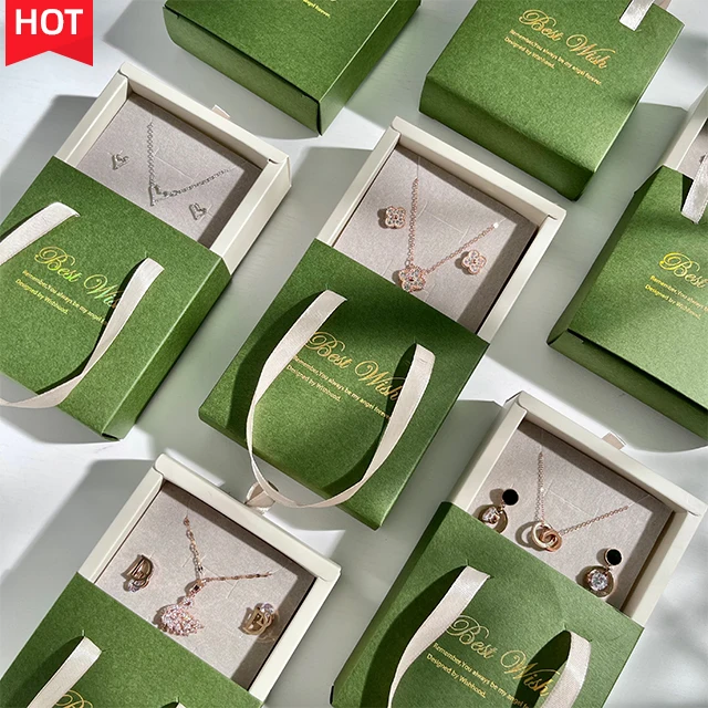 

Factory Wholesale Paper Box Custom Logo Earring Ring Bracelet Necklace Packaging Box With Handle Jewelry Drawer Boxes, Green;white;black