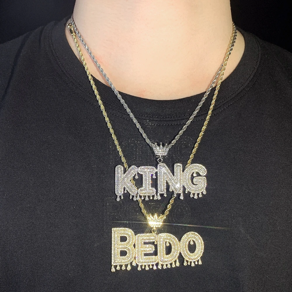 

top quality 5A cubic zircon crown drip letters personalized iced out hip hop custom name necklaces