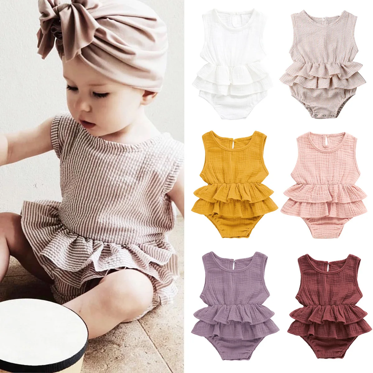 

Petti Newborn Baby Girl Ruffle Organic 100% Muslin Cotton Romper Wholesale Summer Sleeveless Toddle Bodysuit baby clothing, Picture shows ,many colors