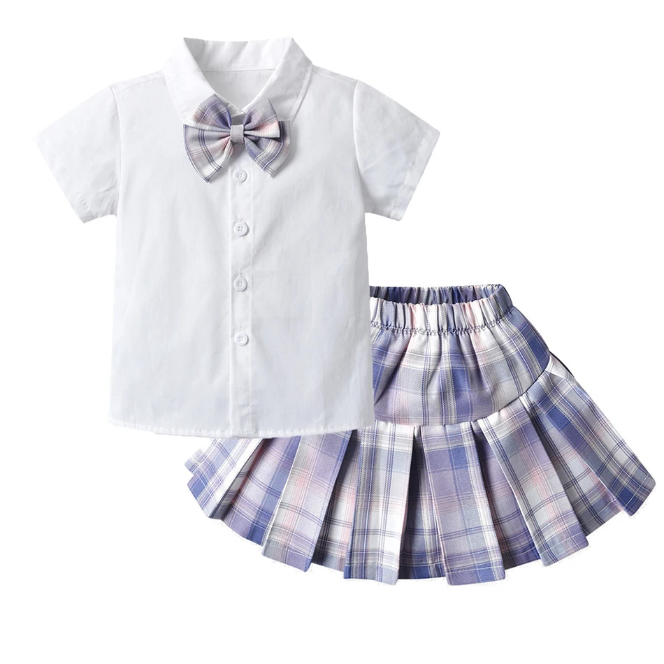 

2021 Summer Baby Girl Clothes Short Sleeved Blouse Korean Preppy Style Pleated Skirt Outfit Girls Clothing Sets, 5 colors