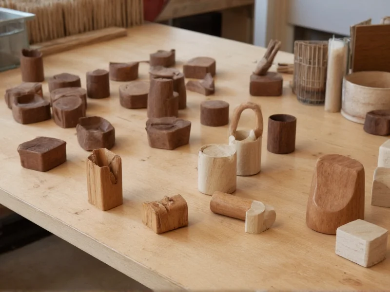 Creative wooden block craft projects displayed on workbench