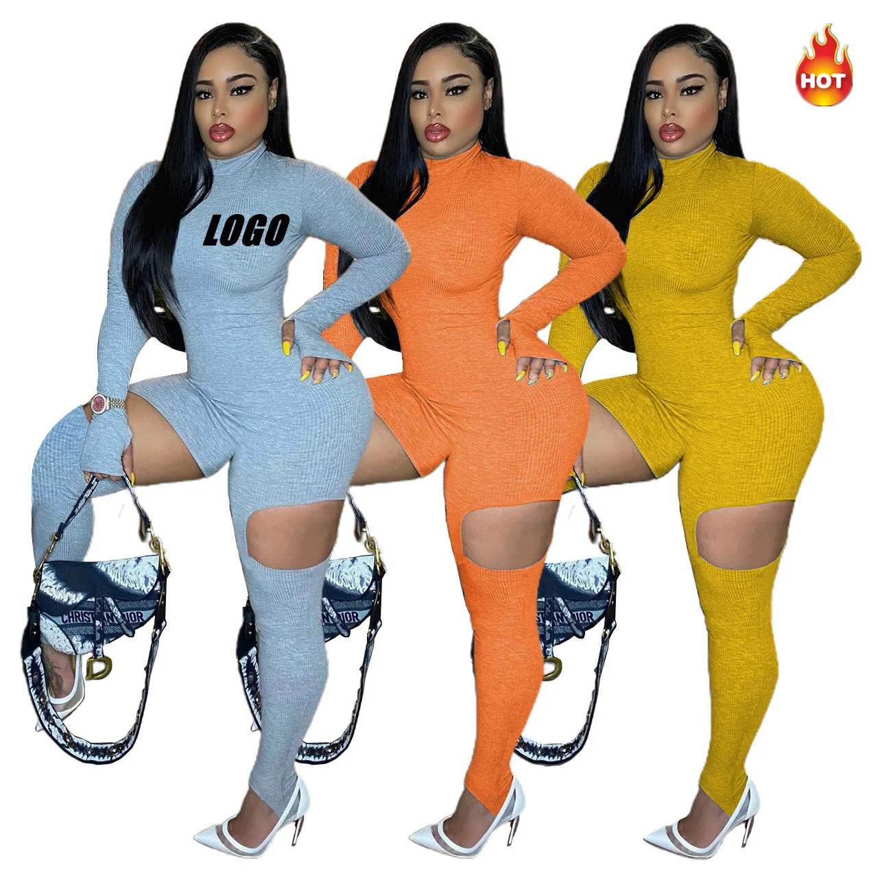 

2022 Stretch Rib Solid Color Cut Out Bodycon Jumpsuit Women Clothing casual Long Sleeve One Piece Spring Jumpsuit, Picture